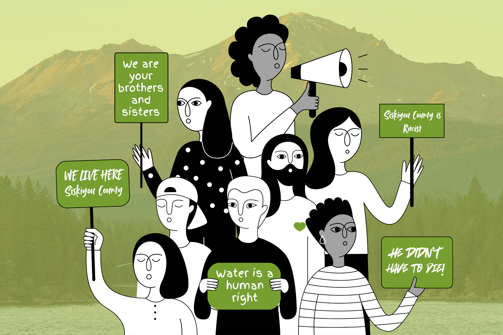 illustration of group of people holding signs with protest sayings with a photo of Lake Siskiyou in the background