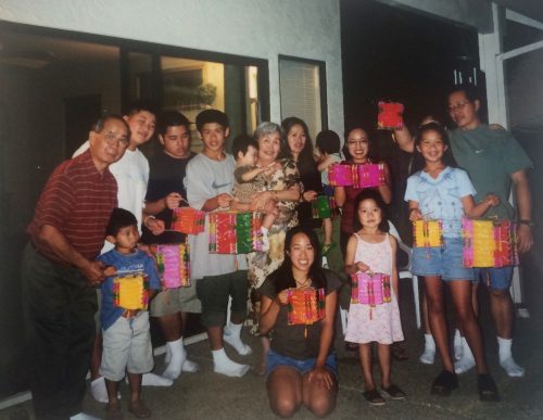 A Chinese family stands together, with many of them holding colorful paper lanterns.