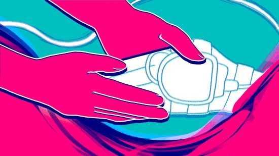 Illustration of two hands gently holding or adjusting a medical device, such as a heart monitor, on a person's chest, using bold colors of pink, teal, and white to convey a sense of care and support.