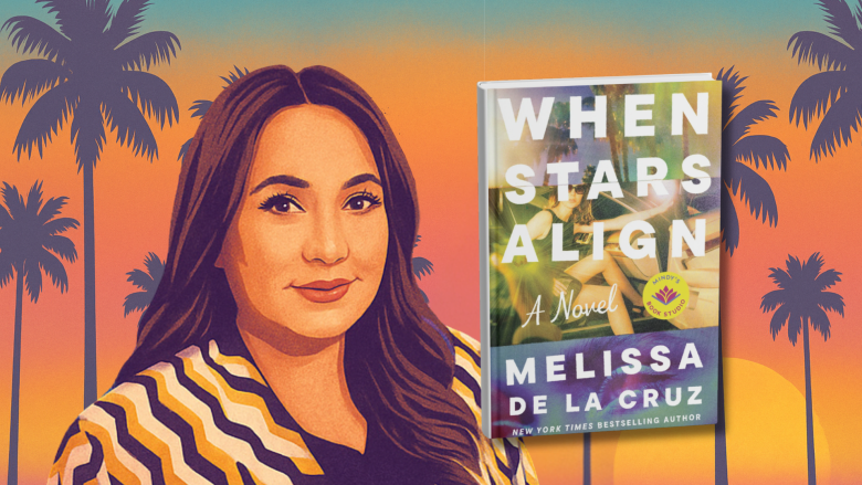 Illustrated promotional graphic for "When Stars Align" by Melissa de la Cruz, featuring a stylized portrait of the author against a vibrant sunset with palm trees and a 3D-rendered book cover.