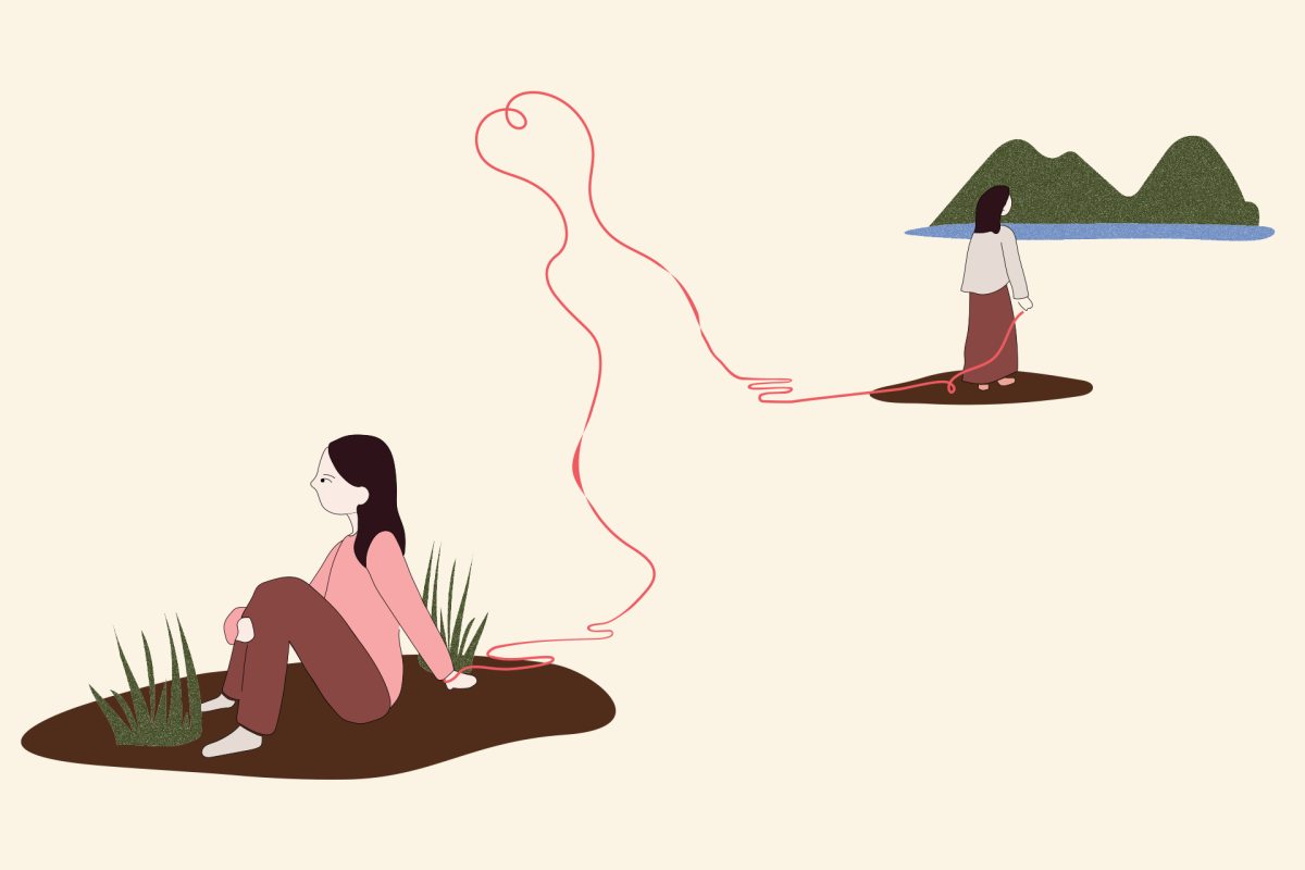 An illustration of two women on separate patches of land, connected by a long red thread that forms the outline of a human figure between them. One woman sits near grass, looking away with a distant expression, while the other stands facing a body of water and green mountains in the distance. The background is minimal and beige.