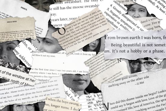 A collage of torn paper fragments layered over one another, featuring black-and-white photographs of Asian faces partially obscured by overlapping pieces of text from books, essays, and handwritten notes in English and Korean. Visible phrases include "Being beautiful is not something I am. It’s not a hobby or a phase" and "melting away on the other side — Li Wei." The composition evokes themes of identity, memory, and fragmented narratives.