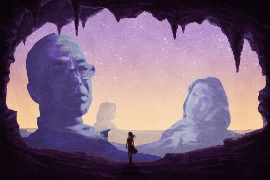 An illustration of a person standing at the entrance of a dark cave, looking out toward a vast landscape at sunset where giant stone sculptures of human faces rise from the desert floor. The sky glows in soft purple, pink, and gold hues, evoking a surreal, otherworldly atmosphere.