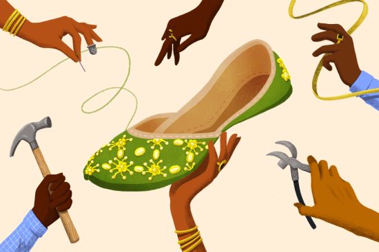 A thin brown hand is holding a large lime-green slipper that is surrounded by five hand of varying shades of brown that are holding tools, thread, and measuring tape.