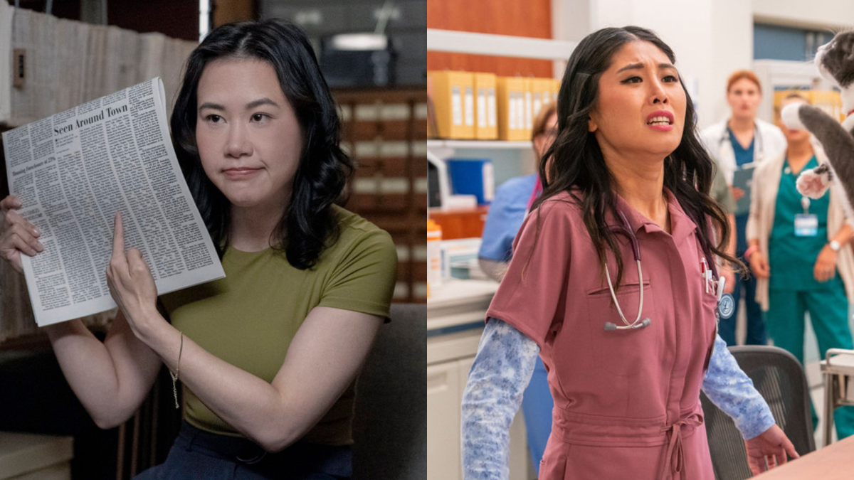Side-by-side photos of two Asian American actresses in character. On the left, a woman with shoulder-length dark hair holds up a newspaper and smirks, appearing confident and witty. On the right, another woman wearing pink medical scrubs and a stethoscope looks distressed in a busy hospital setting.