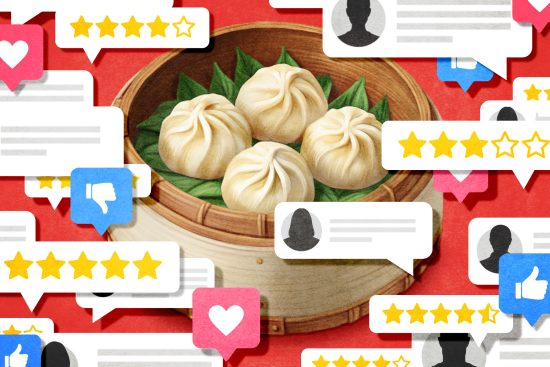 Illustration of a bamboo steamer basket filled with four soup dumplings surrounded by floating icons and comment bubbles showing star ratings, thumbs up and down, and heart symbols, representing online restaurant reviews.