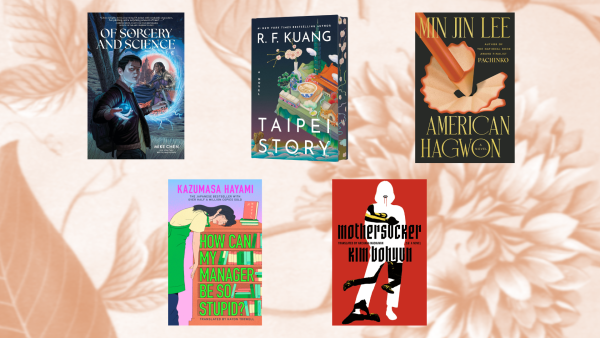 A collage of five book covers against a pale peach background with a subtle floral pattern. The top row features "Of Sorcery and Science" by Mike Chen, "Taipei Story" by R.F. Kuang, and "American Hagwon" by Min Jin Lee. The bottom row features "How Can My Manager Be So Stupid?" by Kazumasa Hayami and "Mothersucker" by Kim Bohyun.