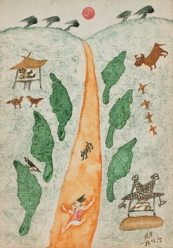 A folk-style painting shows an orange path winding upward past green trees, small animals, huts, and a figure in a pink shirt running toward the viewer under a bright red sun.